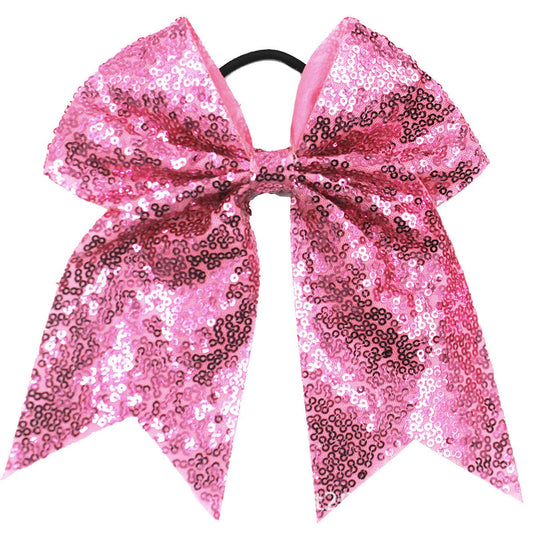Xansema 6.5 Inches Sequins Hair Bows Elastic Hair Tie Ribbon Large Cheer Bow Ponytail Holder Hair Band for Women Girls Kids Teens (Pink)