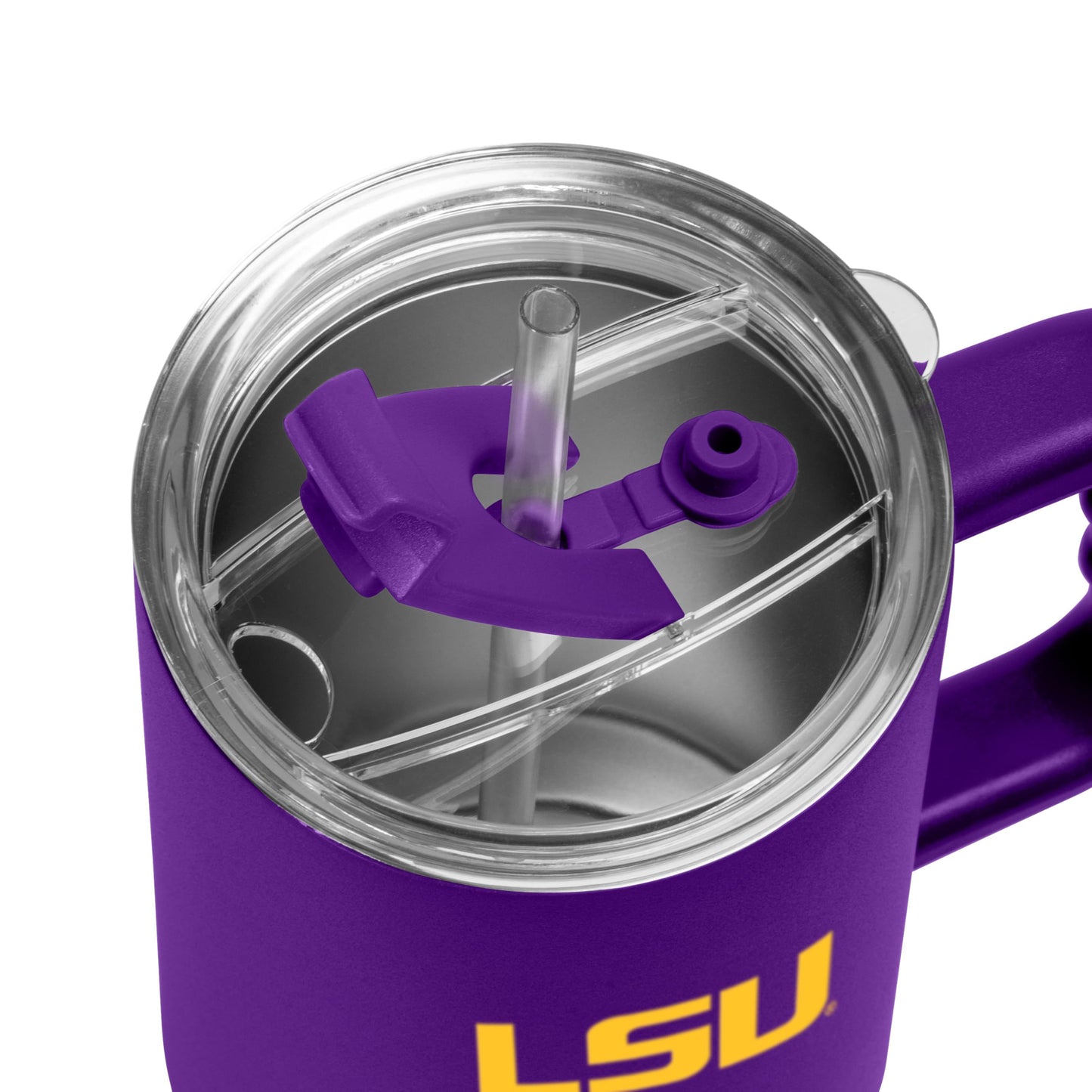 Logo Brands NCAA LSU Tigers 40 oz Tumbler with Handle -Powder Coated-Stainless Steel with Straw- Leak-Resistant, Keeps Drinks Hot/Cold - Everyday Use