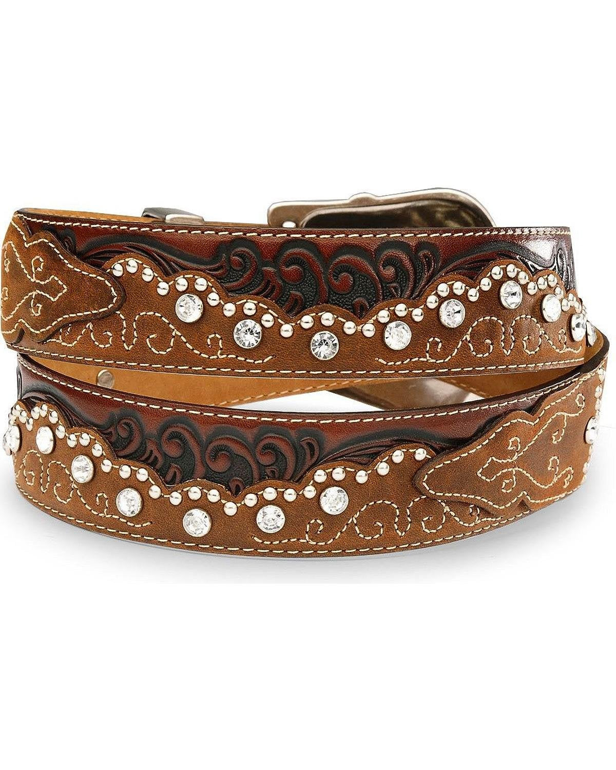Tony Lama Women's Kaitlyn Crystal Leather Western Belt Brown 30