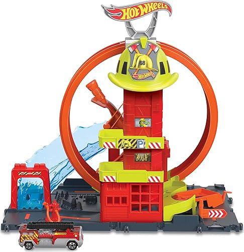 Hot Wheels City with 1 Toy Car, Kid-Powered Elevator, Water-Like Ramp, Track-Play Features, Connects to Other Sets, Fire Station with Super Loop…