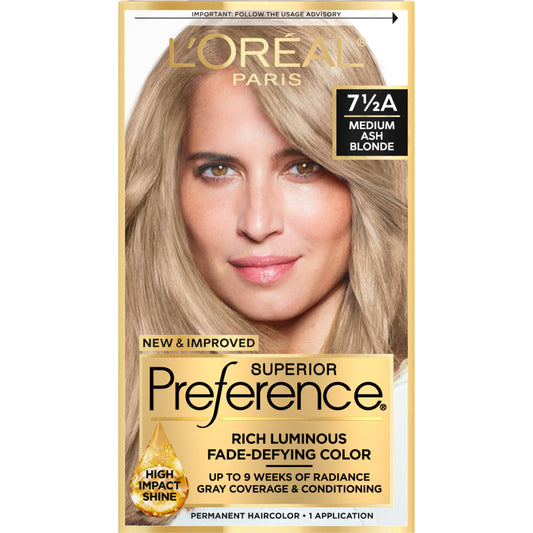 L'Oreal Paris Superior Preference Luminous Fade-Defying Permanent Hair Color, Hair Dye For Up to 9 Weeks of Radiance, Medium Ash Blonde 7.5A, 1 Hair