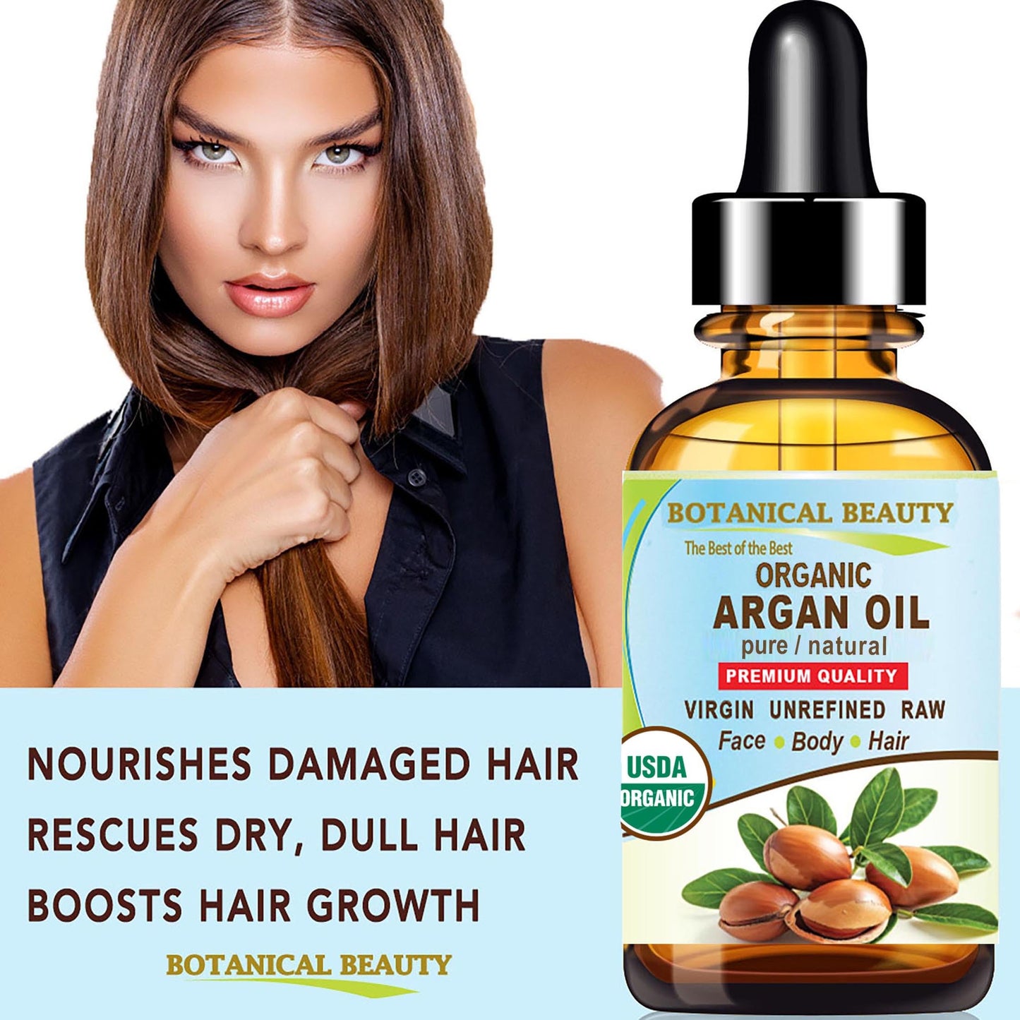 Botanical Beauty Organic ARGAN OIL 100% Pure Natural VIRGIN UNREFINED Cold-Pressed Carrier Oil for Face, Skin, Body, Hair, Lip, Nails. Rich in Vitamin