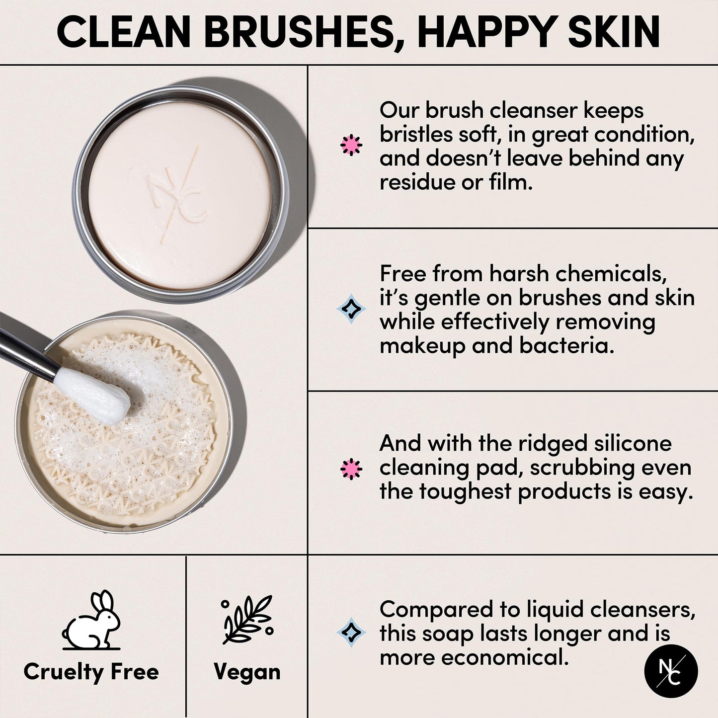 Narrative Cosmetics Solid Makeup Brush Cleanser Soap with Silicone Cleaning Pad, Cleans Natural & Synthetic Brushes, Vegan, Cruelty-Free, Natural