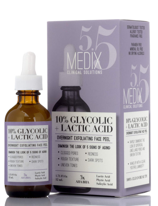 Medix 5.5 10% Glycolic Acid Face Peel Exfoliating Serum with Lactic Acid + Salicylic Acid, Gentle Skin Care Exfoliate Facial Peel Treatment Targets