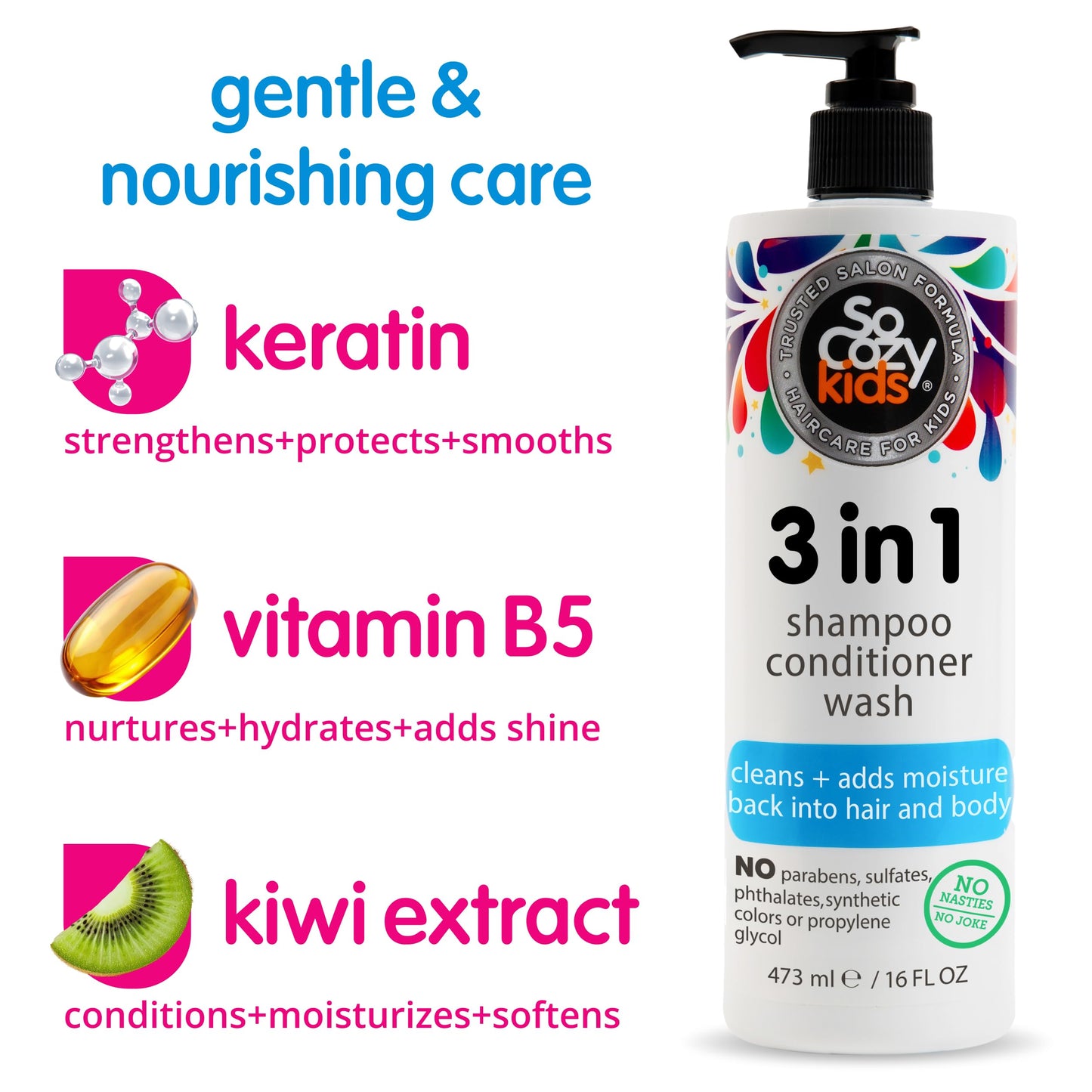 SoCozy 3 in 1 Kids Shampoo + Conditioner + Body Wash (16 Fl Oz) Gentle, Hydrating Hair & Body Cleanser with Keratin, Vitamin B5, & Kiwi Extract Beauty and Personal Care SO COZY
