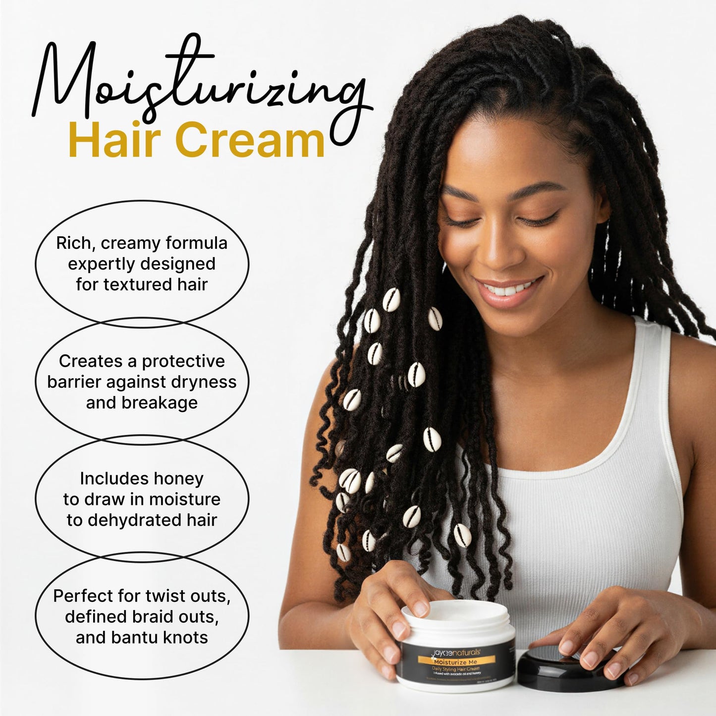 Jaycee Naturals Moisturize Me Daily Styling Hair Cream with Avocado Oil, Honey, and Shea Butter to Tame Frizz, Deep Condition, and Lock in Moisture