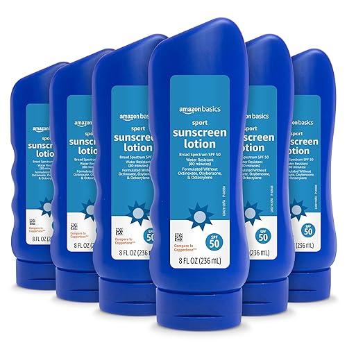 Amazon Basics Sport Sunscreen Lotion SPF 50, Water Resistant (80min), Formulated without Octinoxate & Oxybenzone, Broad Spectrum UVA/UVB Protection