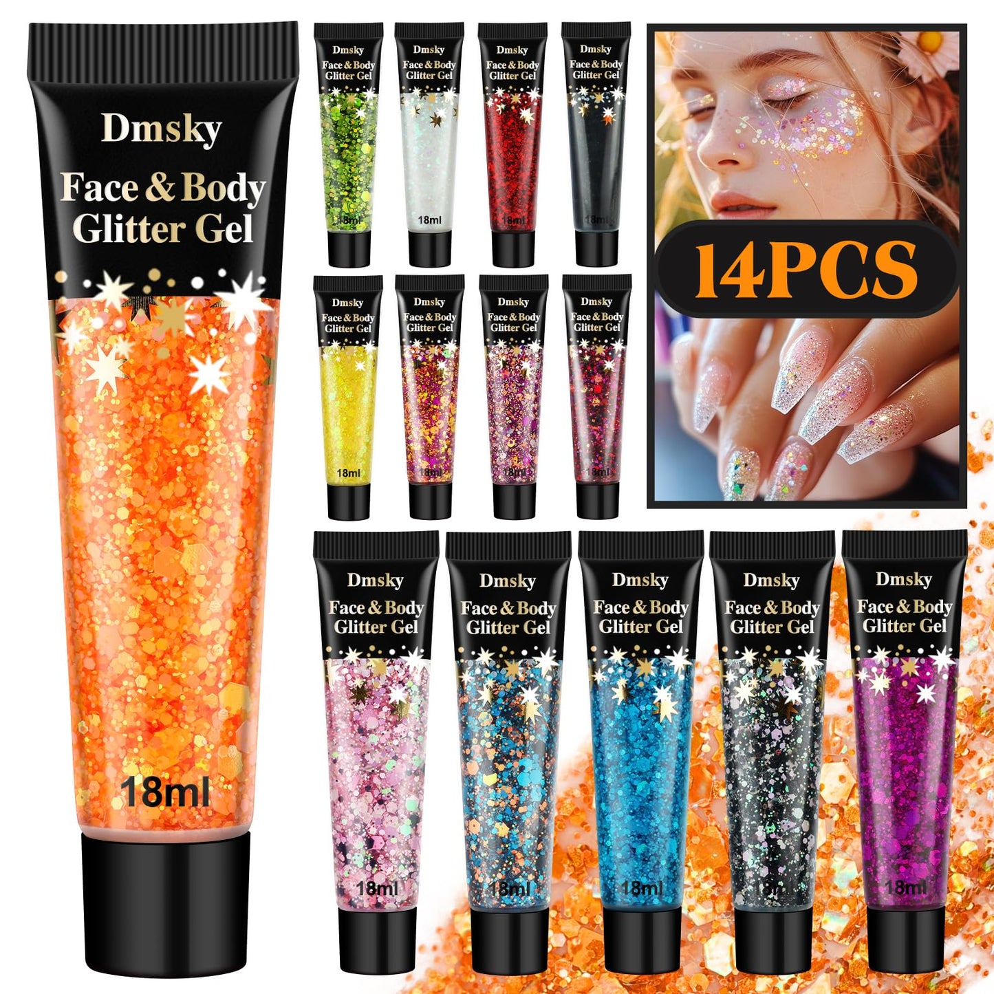 14 Colors Body Glitter,Face Glitter Makeup for Kids Women,Sparkly Chunky Hair Glitter for Eye Lip Nails,Mardi Gras Glitter Makeup Face Paint,Singer