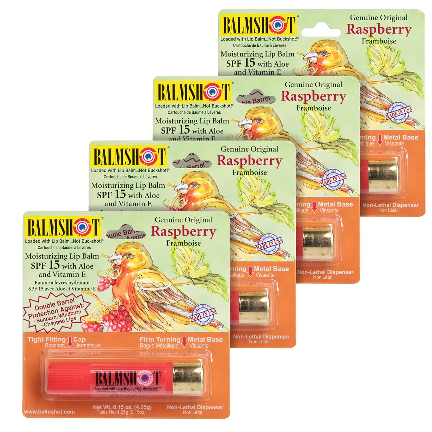 BALMSHOT Raspberry Lip Balm SPF 15 (4-Pack) - Beeswax Chapstick for Dry Chapped Lips, 20-Gauge Brass Shotgun Shell Tube, Heat Resistant, Long Lasting