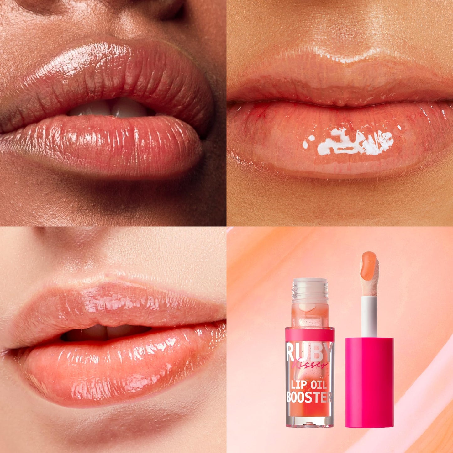 Ruby Kisses Lip Oil Booster, Hydrating Lip Gloss with Nourishing Natural Oil Blend, Jumbo Wand for Easy Application, Non-Sticky Formula (Coral)
