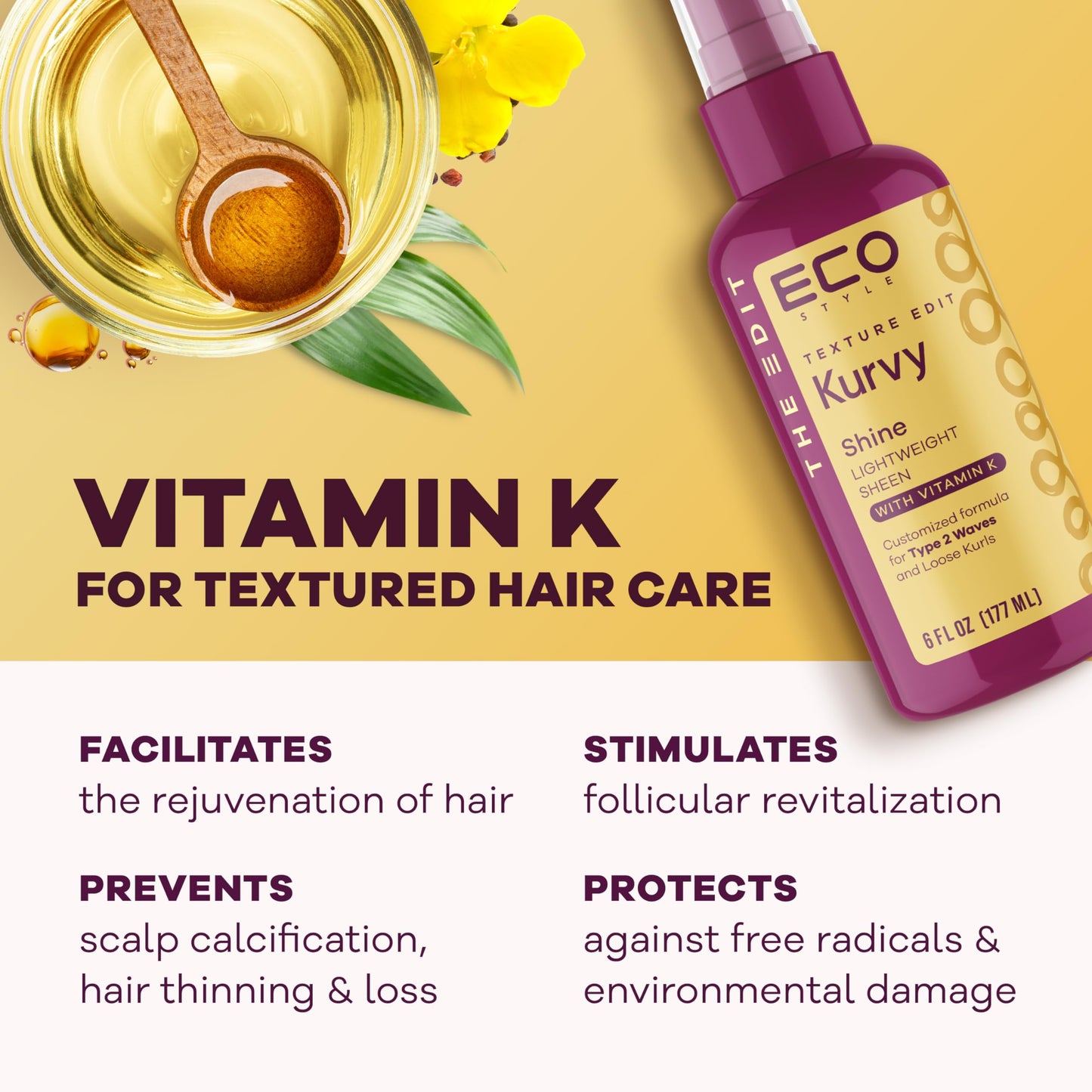 Eco Style, Texture Edit, Kurvy Shine Lightweight Sheen for Type 2a to 2c wavy hair - Finish off any style by adding rich nutrients for a perfectly