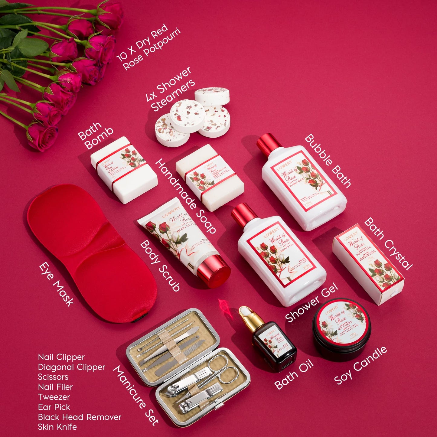 Mothers Day Spa Gifts for Women, Bath and Body Gift Set, Red Rose Gift Basket, 35Piece Stress Relief Spa Kit, Thank You, Birthday, Mom Gifts with Nail