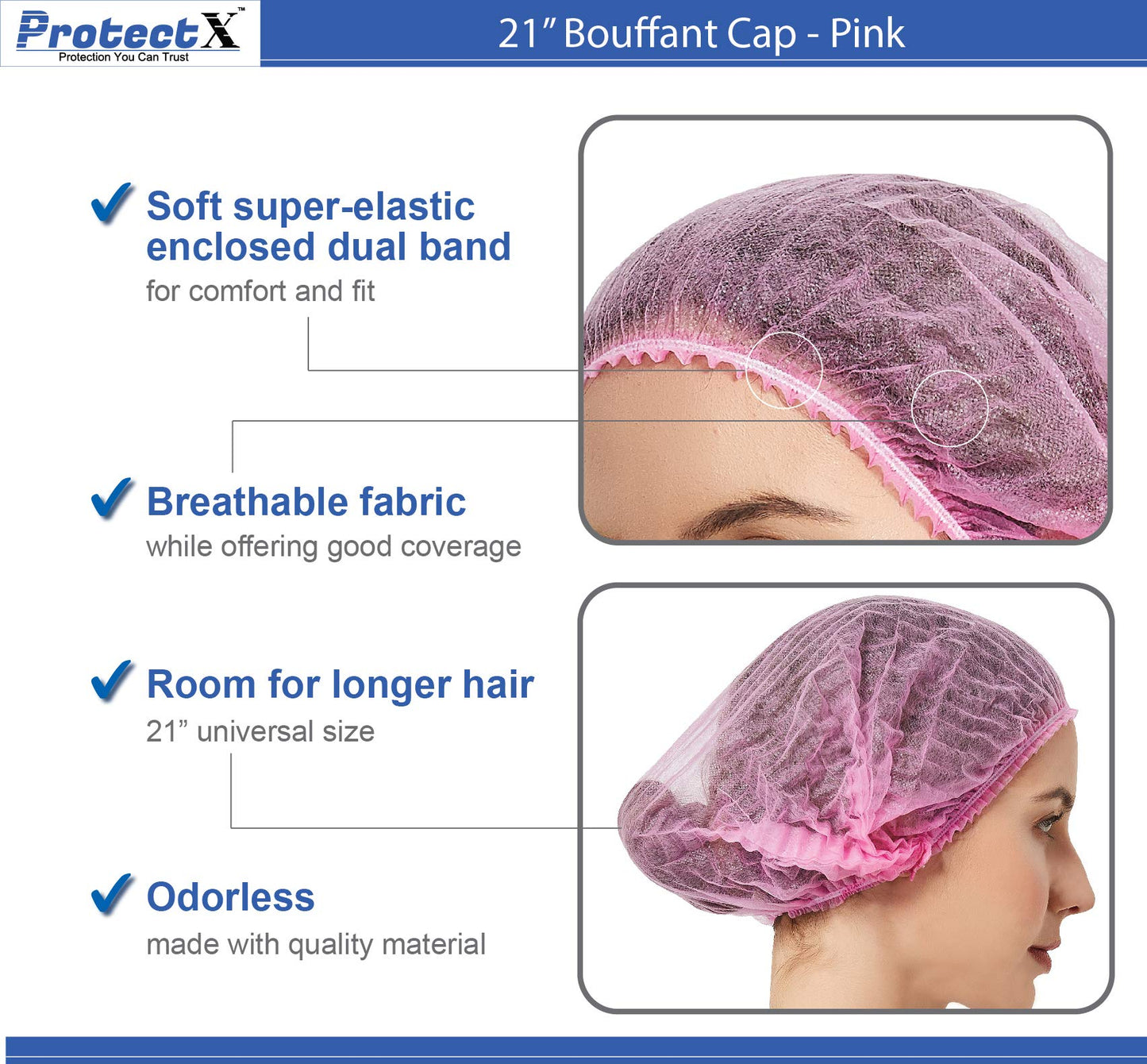 ProtectX 100-Pack Pink Disposable Hair Nets, Elastic Head Cover, Bouffant Caps, Sanitation Head Cover for Food Service, Spa Men & Women - 21 inch Beauty and Personal Care ProtectX