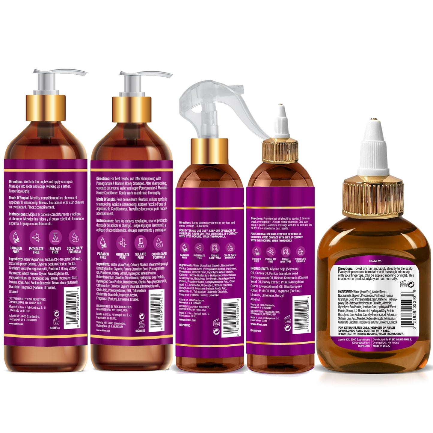 Difeel Pomegranate & Manuka Honey Shampoo & Conditioner 5-PC Set - Includes 33.8oz Shampoo, 33.8oz Conditioner, 8oz Leave in Spray, 8oz Hair Oil