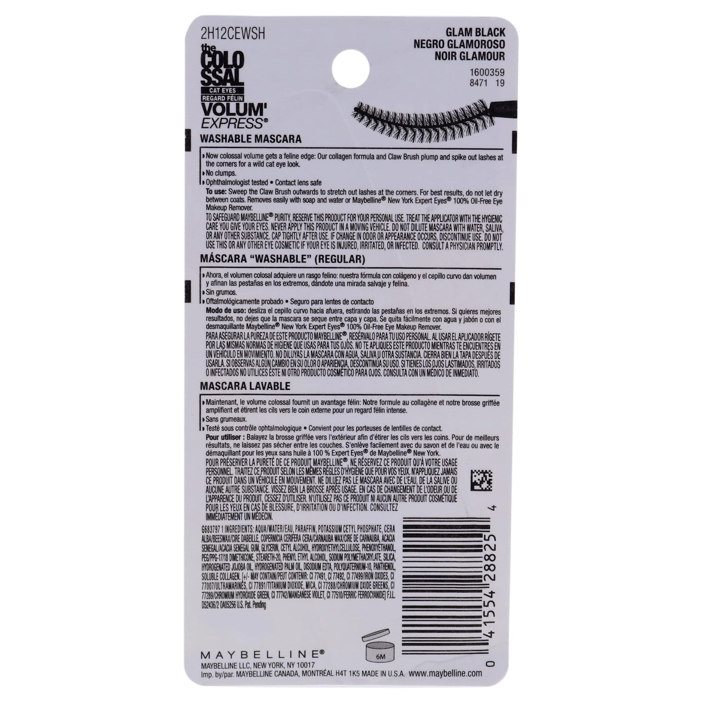 Maybelline New York Volume Express Colossal Cat Eyes Washable Mascara, Glam Black, 0.31 Fl Oz