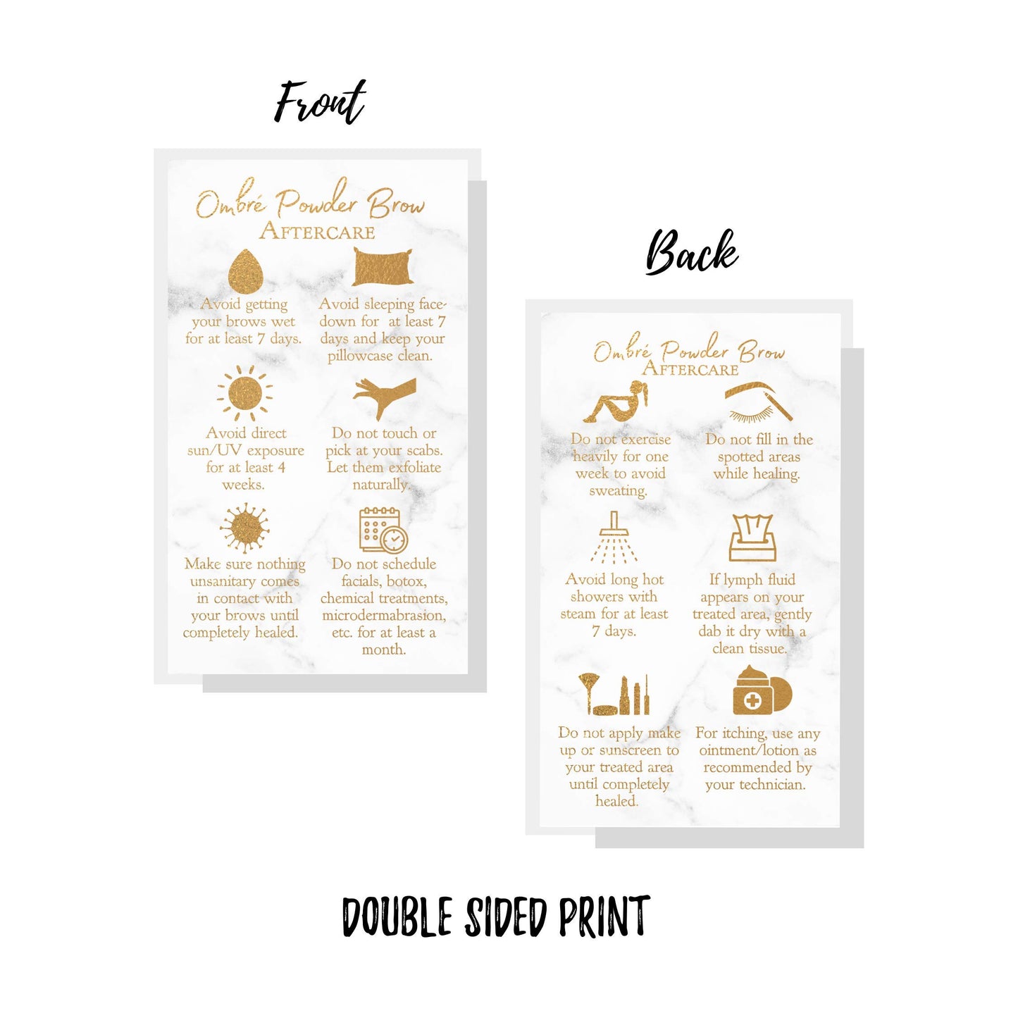Ombre Powder Brow Aftercare Instructions Cards | 50 Pack | Double Sided Size 2x3.5" inches Business Card | Marble Look and Gold Design