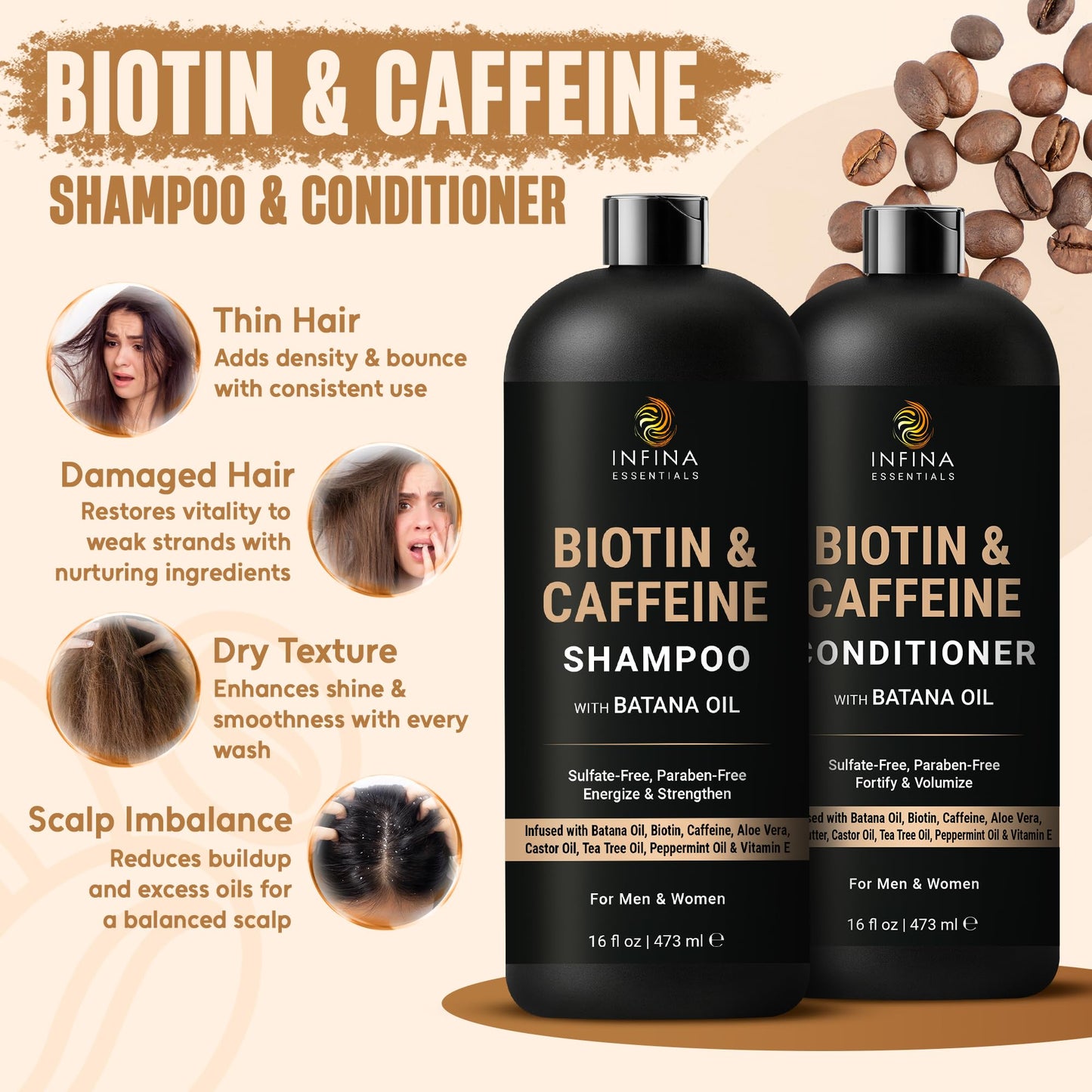 INFINA ESSENTIALS Caffeine Biotin Shampoo and Conditioner Set | Hair Thickening & Strengthening | 16 fl oz Each | with Batana Oil & Castor Oil |