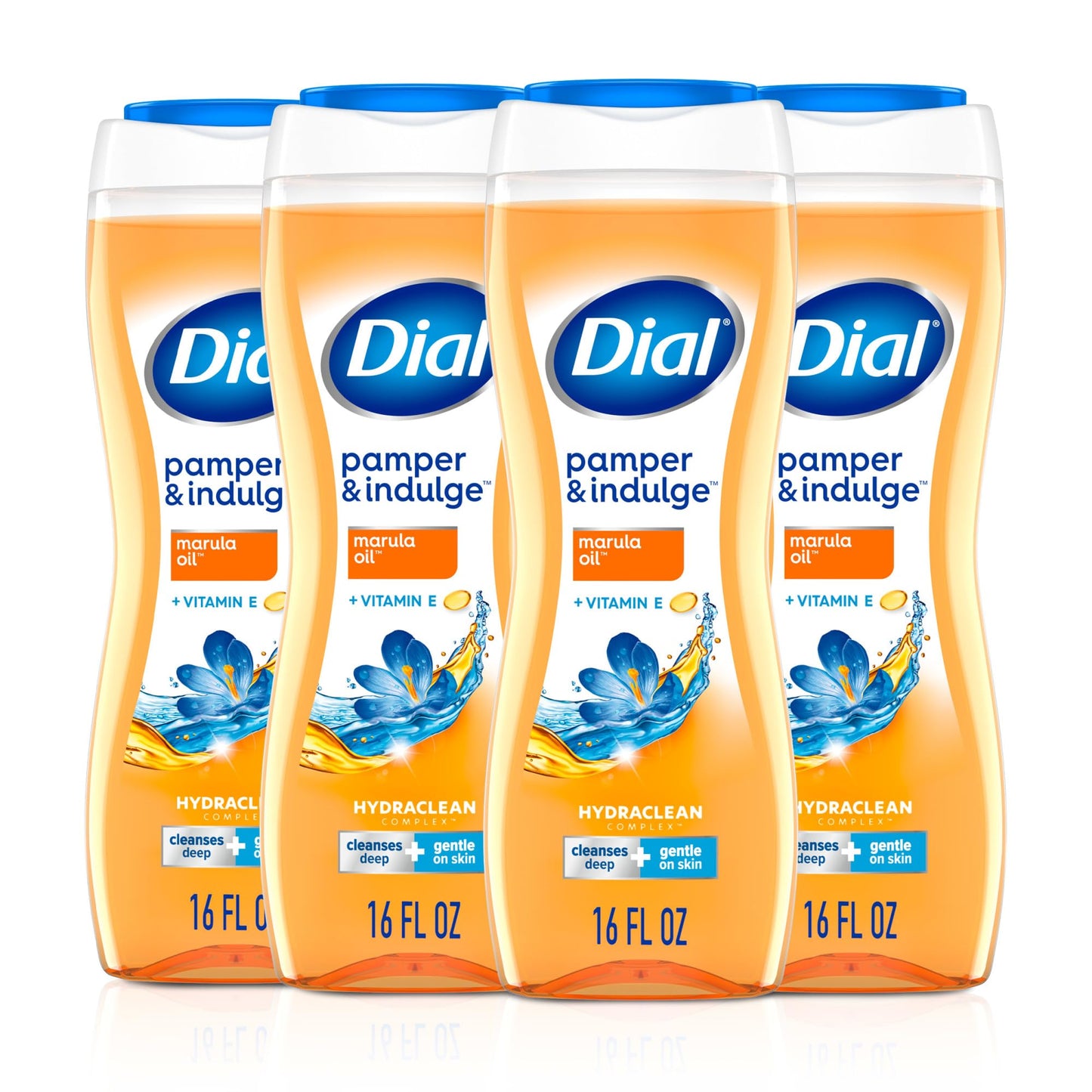 Dial Body Wash, Pamper & Indulge Marula Oil, 16 Fl Oz (Pack of 4), Hydraclean Complex & Vitamin E, Gentle, Leaves Skin Feeling Nourished