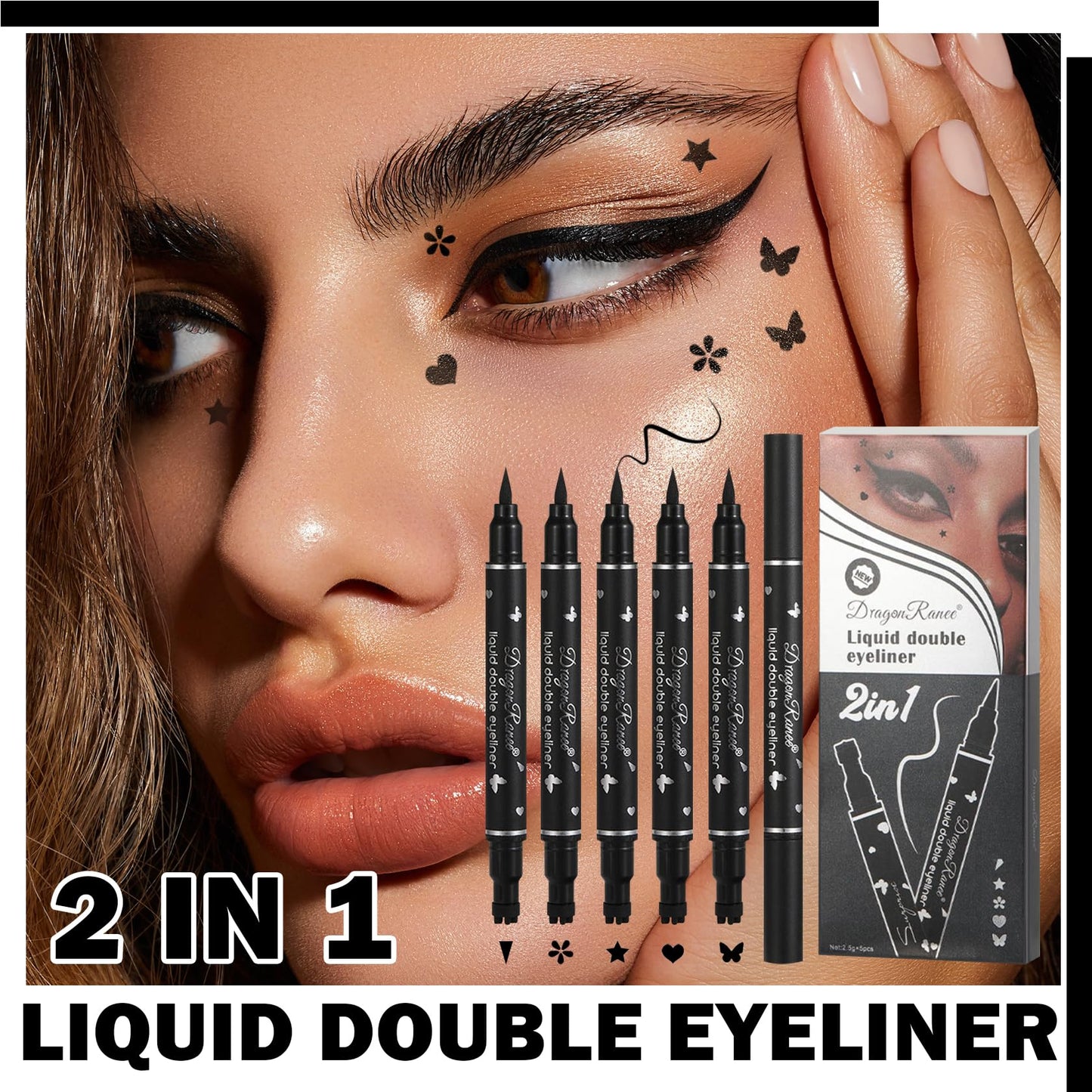 5PCS Black Liquid Eyeliner Stamps Set,Double-side Winged Eyeliner Stencil Pen,Waterproof Long Lasting Eye Liners Stamp Eyeliner Pencil Tattoo Makeup