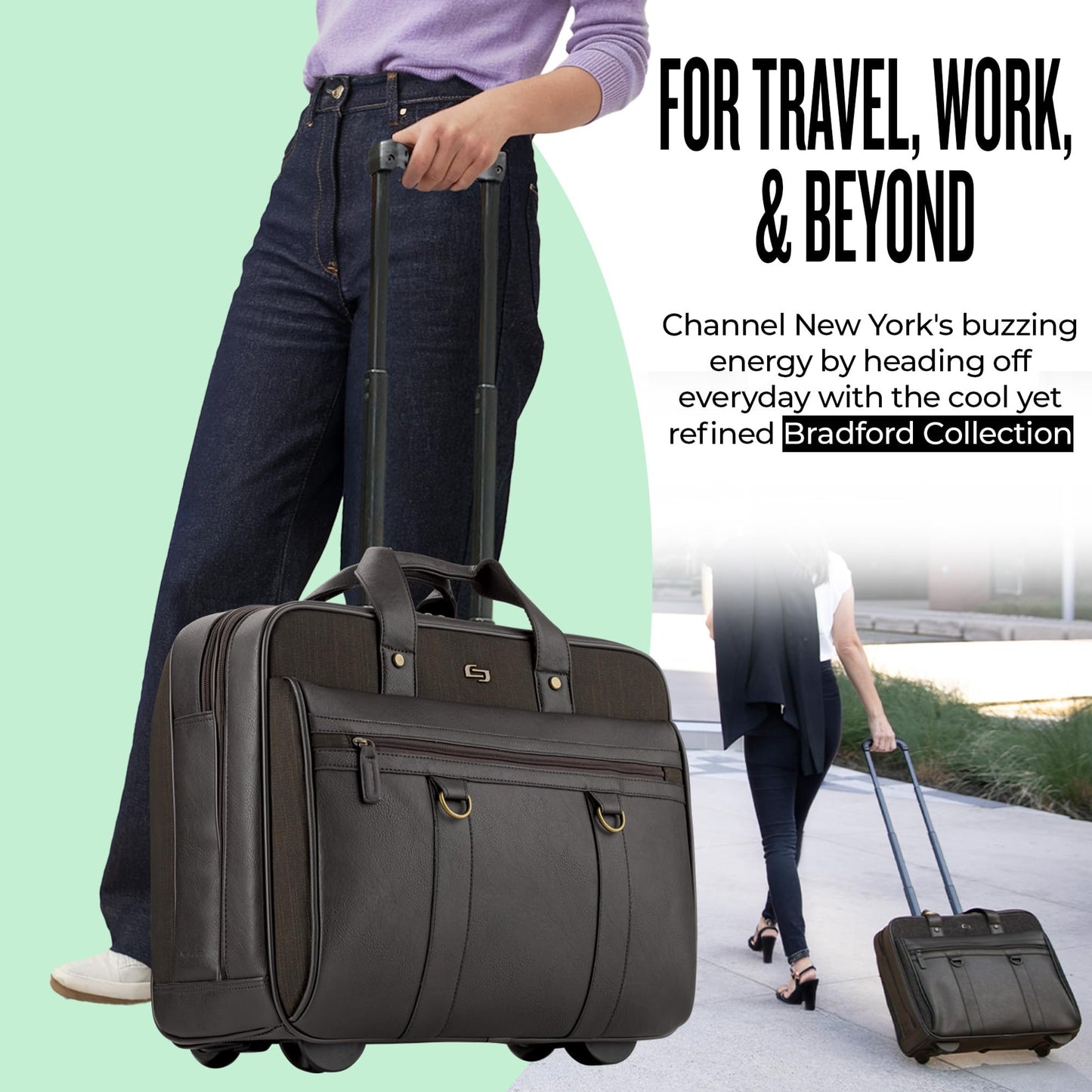 Solo New York Macdougal Rolling Laptop Bag. Rolling Briefcase for Women and Men. Fits Up to 17.3 Inch Laptop - Espresso, Olive Green, 14" x 17.8" x