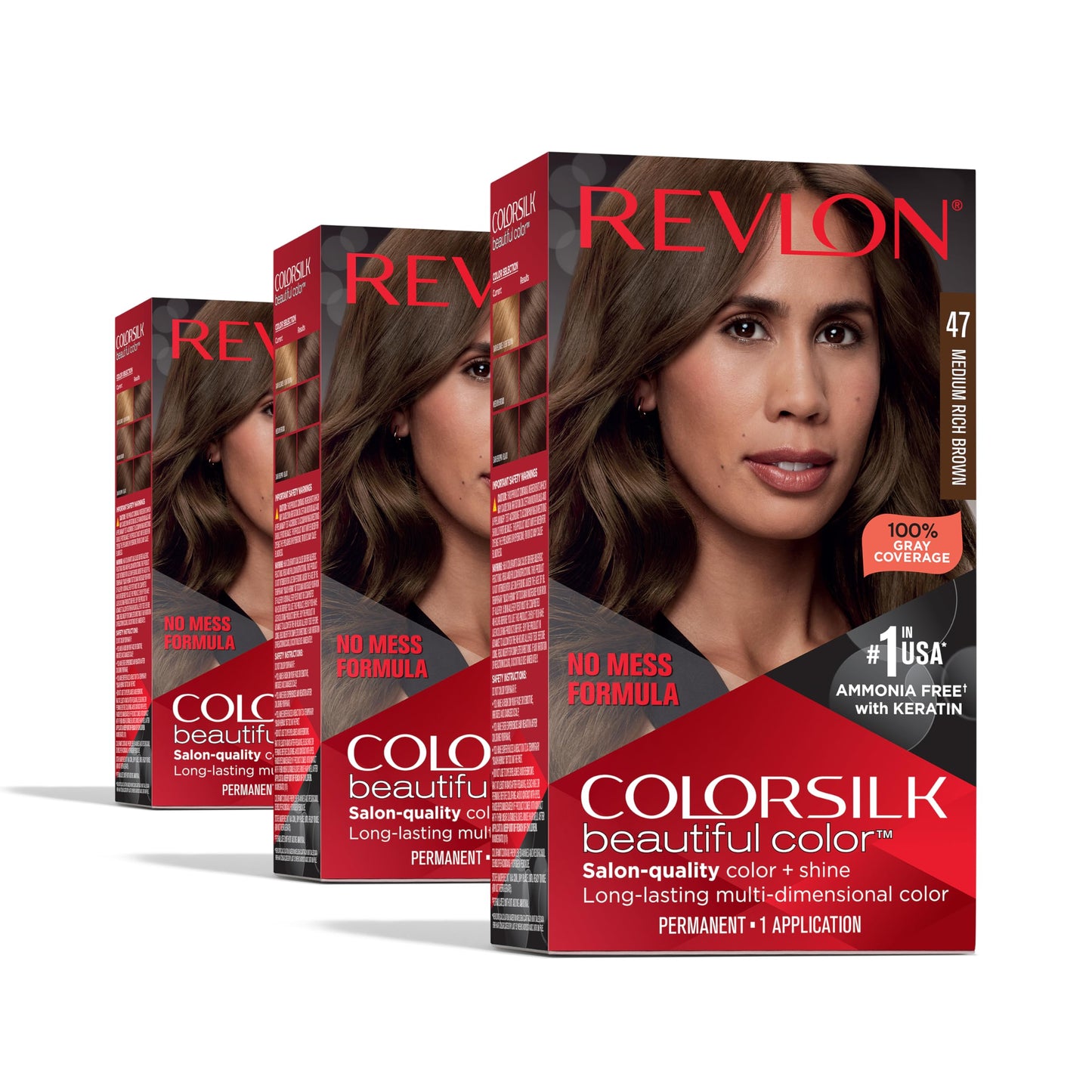 Revlon Colorsilk Beautiful Color Permanent Hair Color, (OLD VERSION) 47 Medium Rich Brown (Pack of 3)