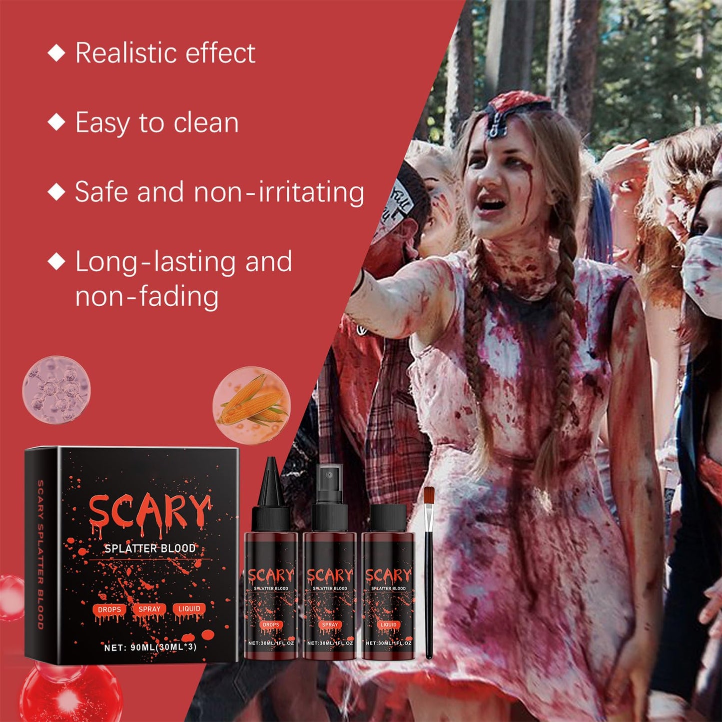 AOYEBO Halloween Fake Blood Kit - 4-Piece Washable Fake Blood Spray with Dropper & Brush for SFX Makeup and Zombie Cosplay