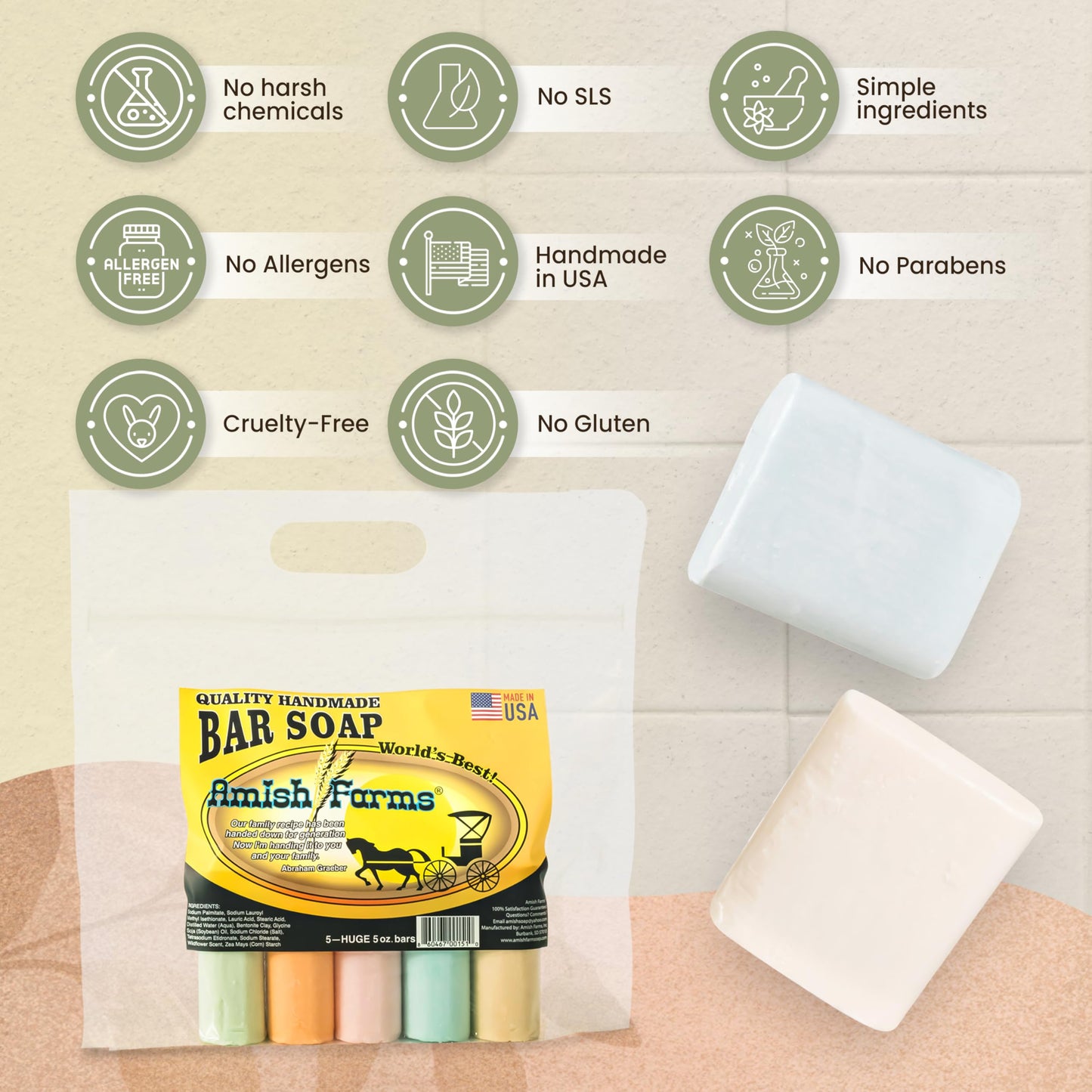Amish Farms Soap Bar w/ All Natural Bentonite Clay | Made in USA, Vegan Moisturizing for Sensitive Skin | Women & Mens Face & Body Bar Bath Soap