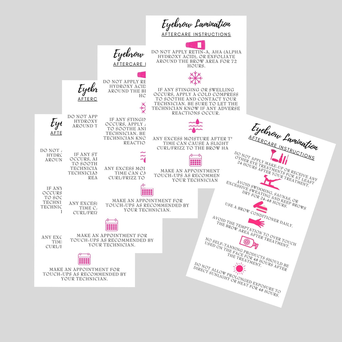 Eyebrow Lamination Aftercare Instruction Cards | Physical Printed 2 x 3.5” inches Business Card Size | Starter Lift Kit with Tint at home diy