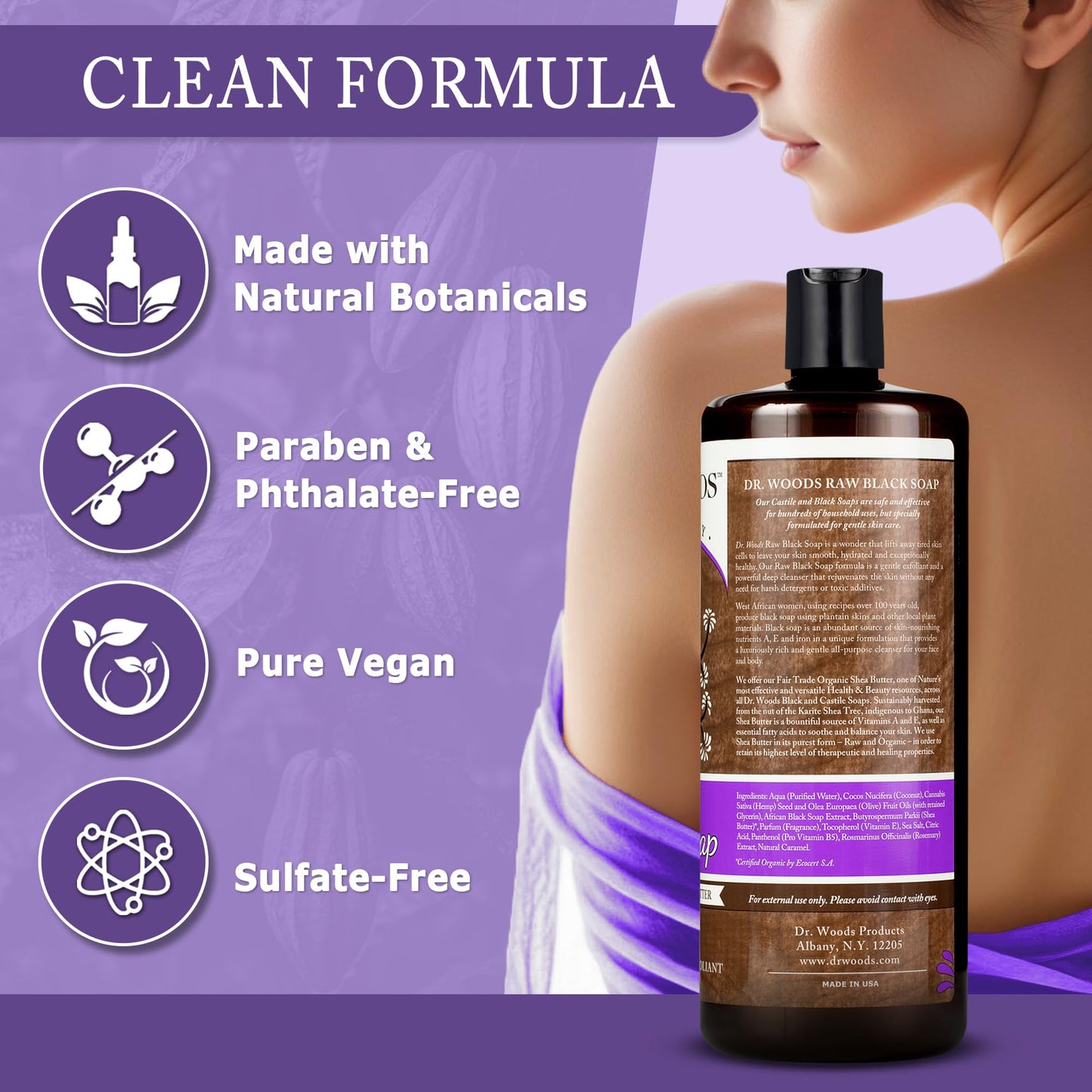 Dr. Woods Raw African Liquid Black Soap - Body Wash for Men and Women, Contains Organic Shea Butter, Gentle Exfoliant, Natural Cleanser for Face