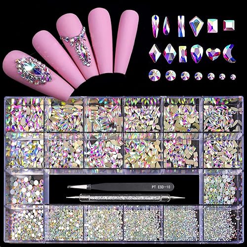 Yzzseven 12 Types of 600 Crystal AB Diamonds + 2500 Flat Rhinestones Mix 20 Styles Flatback DIY Crafts Rhinestone Crystals 3D Ornaments Flat Back