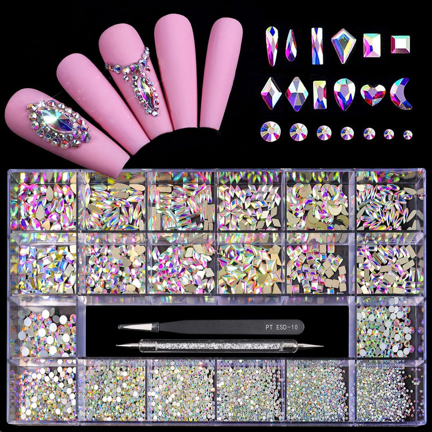 Yzzseven 12 Types of 600 Crystal AB Diamonds + 2500 Flat Rhinestones Mix 20 Styles Flatback DIY Crafts Rhinestone Crystals 3D Ornaments Flat Back