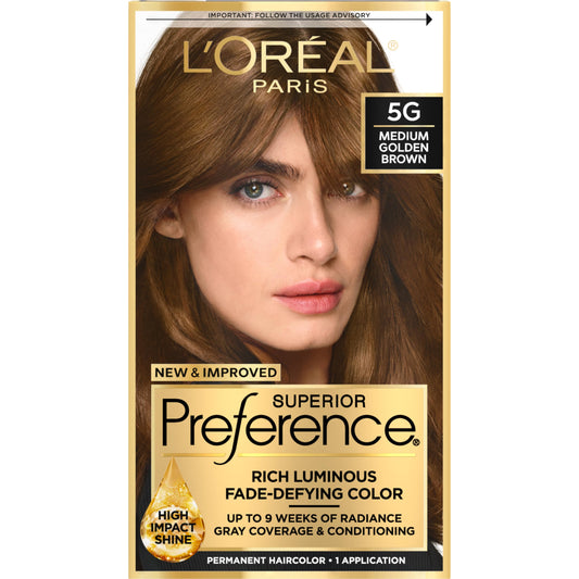 L'Oreal Paris Superior Preference Luminous Fade-Defying Permanent Hair Color, Hair Dye For Up to 9 Weeks of Radiance, Medium Golden Brown 5G, 1 Hair