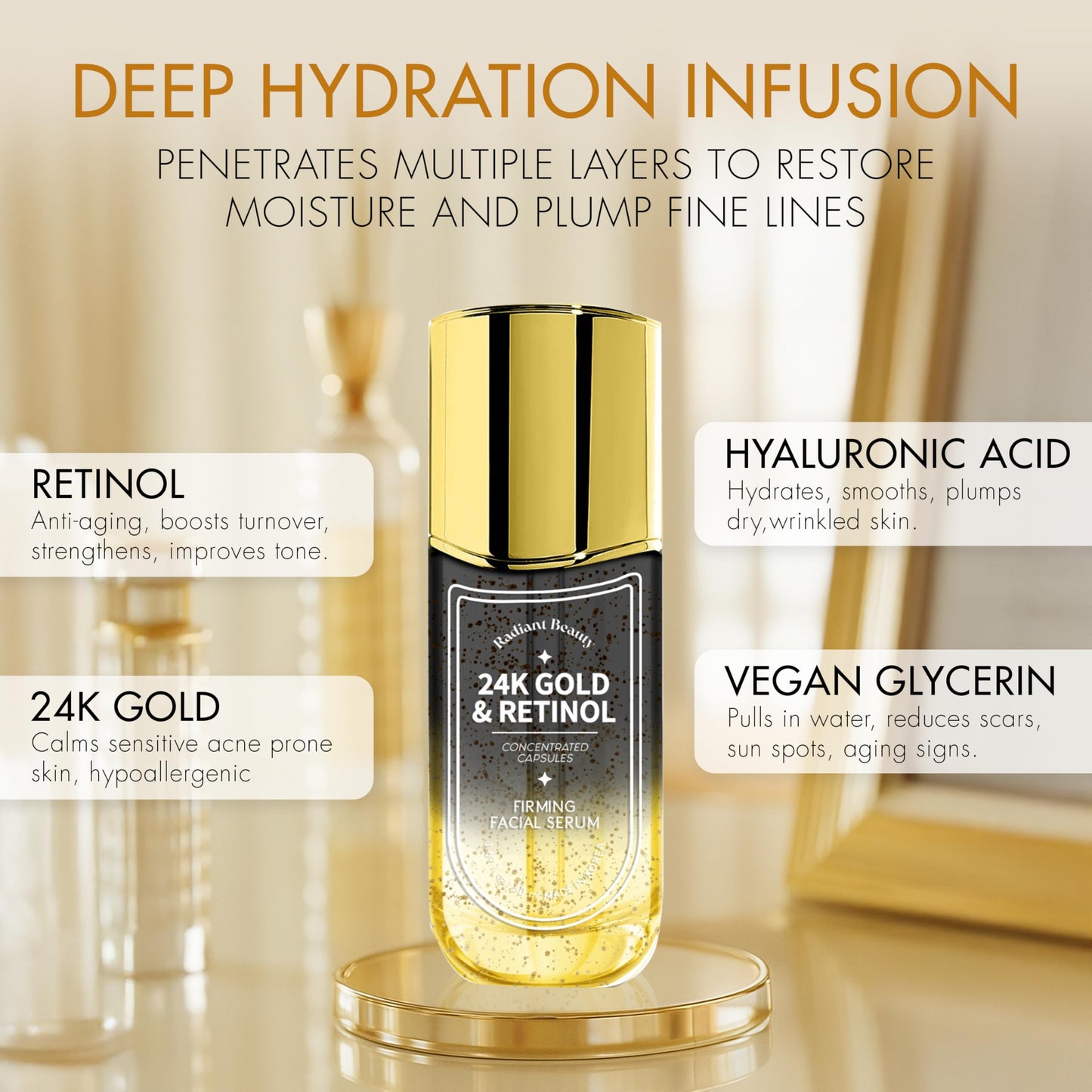 Radiant Beauty 24K Gold & Retinol Firming Serum - Moisturizing, & Protecting - Reduces Dark Spots & Wrinkles - Dermatologist Tested, Korean Skin Care