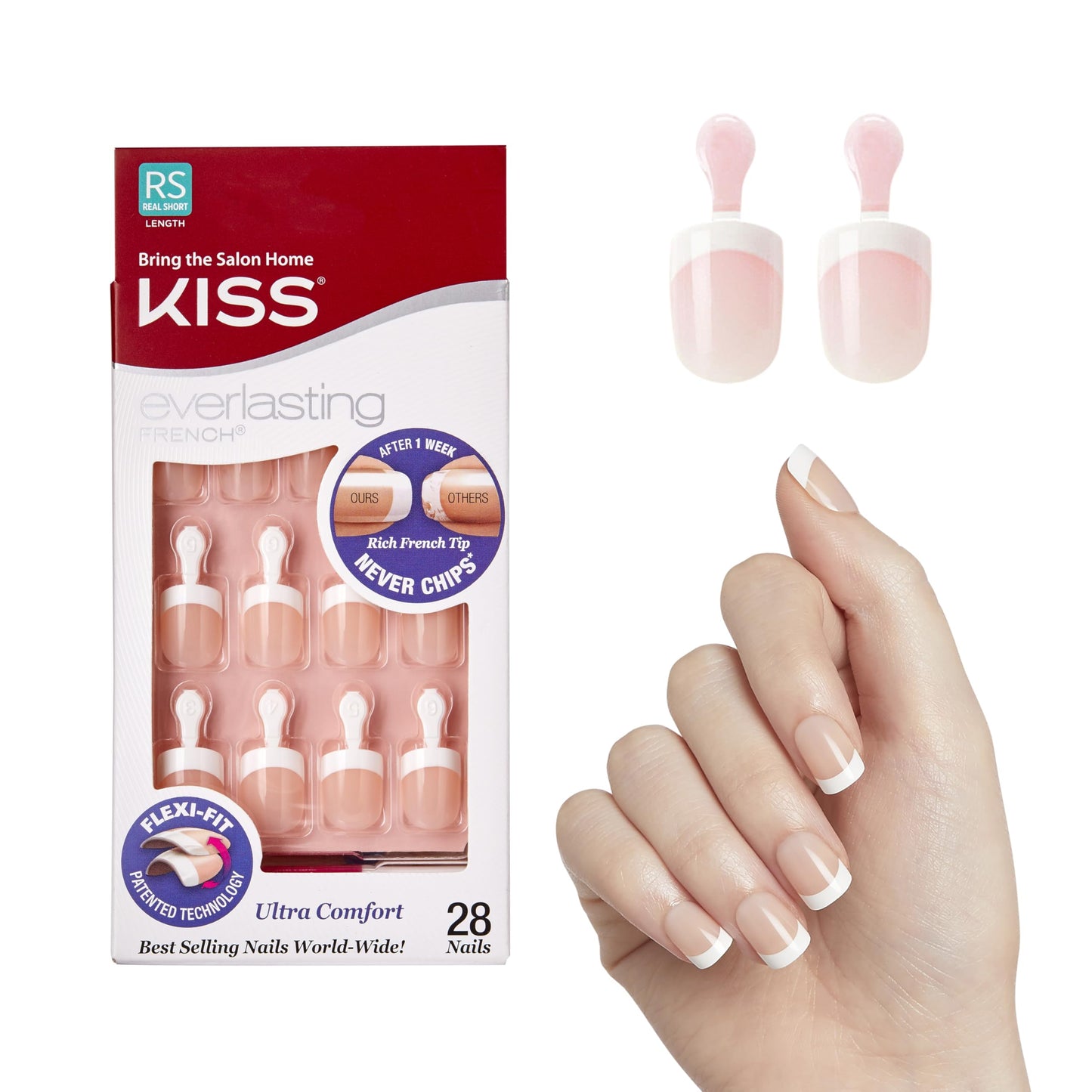 Kiss Everlasting French Nail Manicure, Chip-Free with Flexi-Fit Technology, Real Short, "Endless", Nail Kit with Pink Nail Glue (Net Wt. 2 g