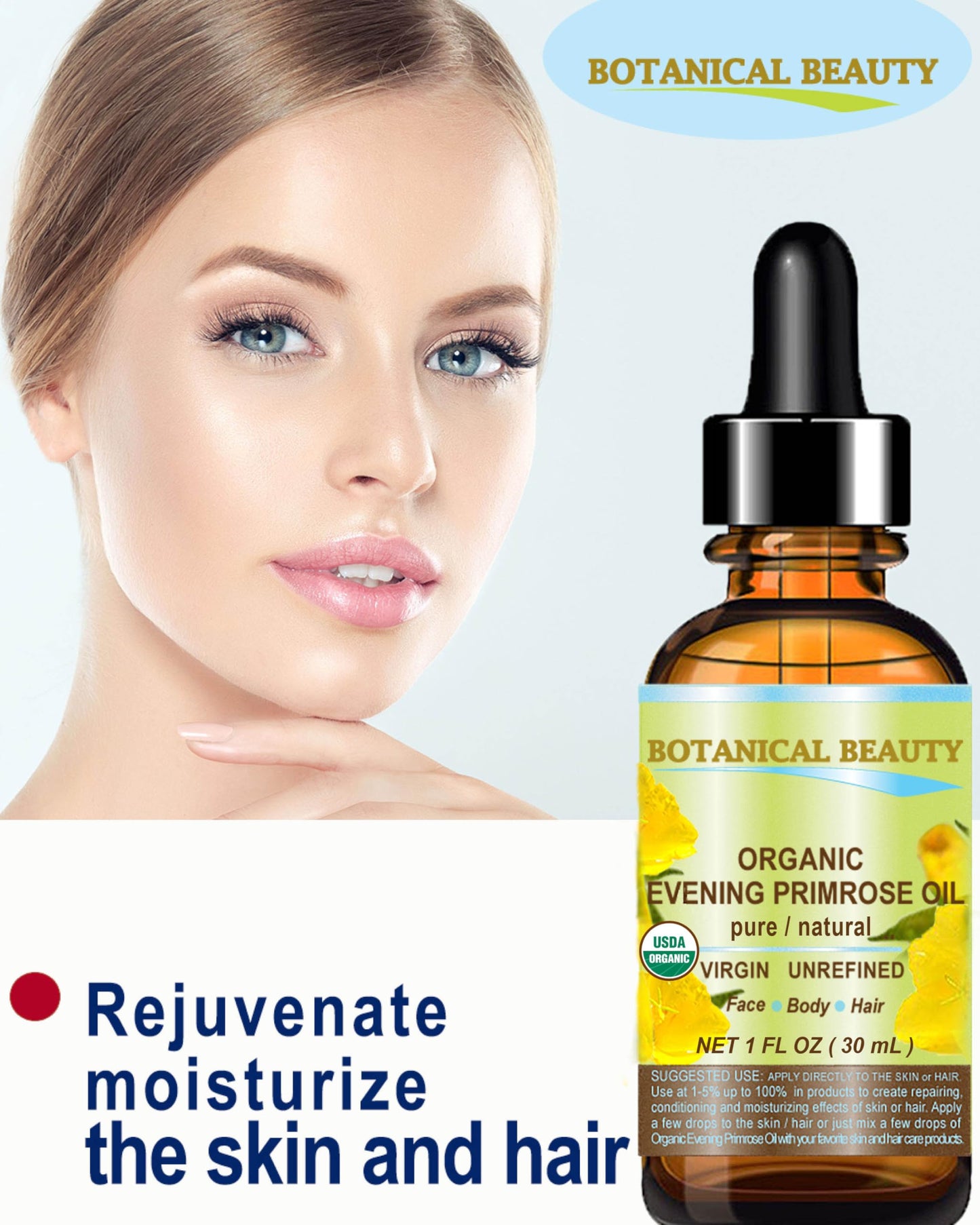 Botanical Beauty Organic EVENING PRIMROSE OIL 100% Pure Natural Undiluted Unrefined Virgin Cold Pressed Carrier Oil for face, skin, hair, nails (4 Fl
