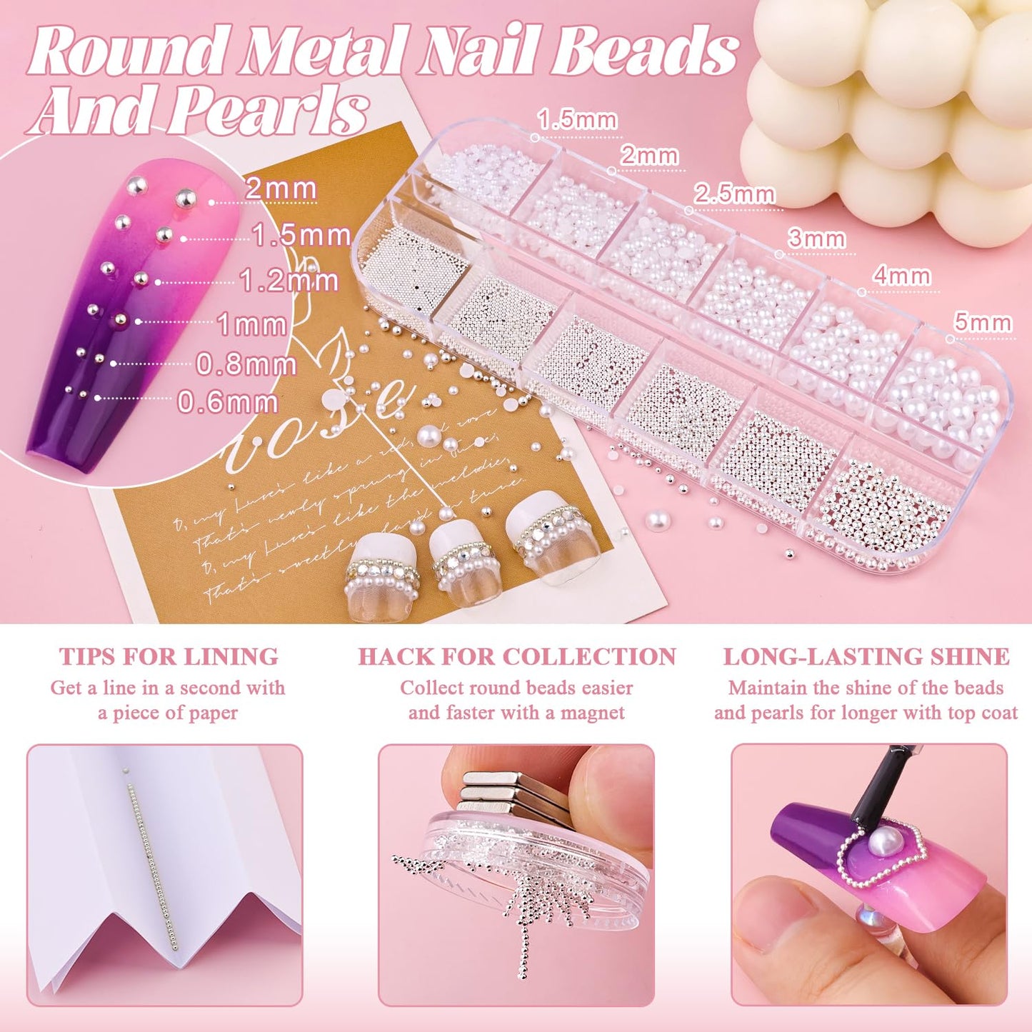Flatback Pearls (White) And Metal Nail Beads (Silver) And Glass Rhinestones (Clear+AB) With Rhinestones Glue Gel For Nail Art, Pearl Nail Charms Beauty and Personal Care BELLEBOOST