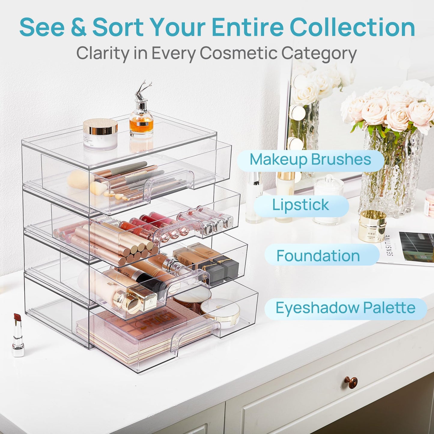 Vtopmart 12.1''W Clear Stackable Storage Drawers,2 Pack Acrylic Plastic Organizers Bins for Makeup Palettes, Cosmetics, and Beauty Supplies,Ideal Beauty and Personal Care Vtopmart