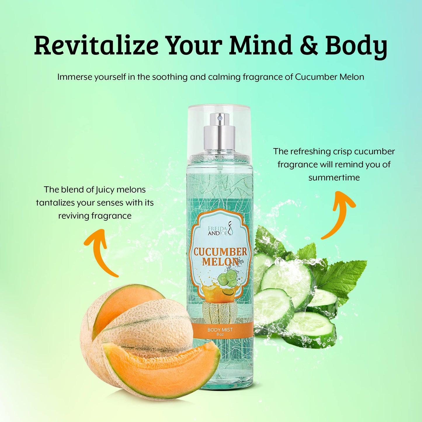 Cucumber Melon Fine Fragrance Body, Womens Perfume Fragrance Body Mist & Sprays, Women's Refreshing Scented Gifts & Presents 8 oz Fine Mist Spray