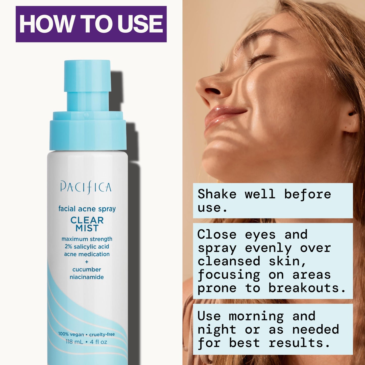 Pacifica Facial Spray for Acne Treatment - Clear Face Mist Acne Spray w/ 2% Salicylic Acid Niacinamide & Aloe - Acne Cleanser - Targets Bacteria