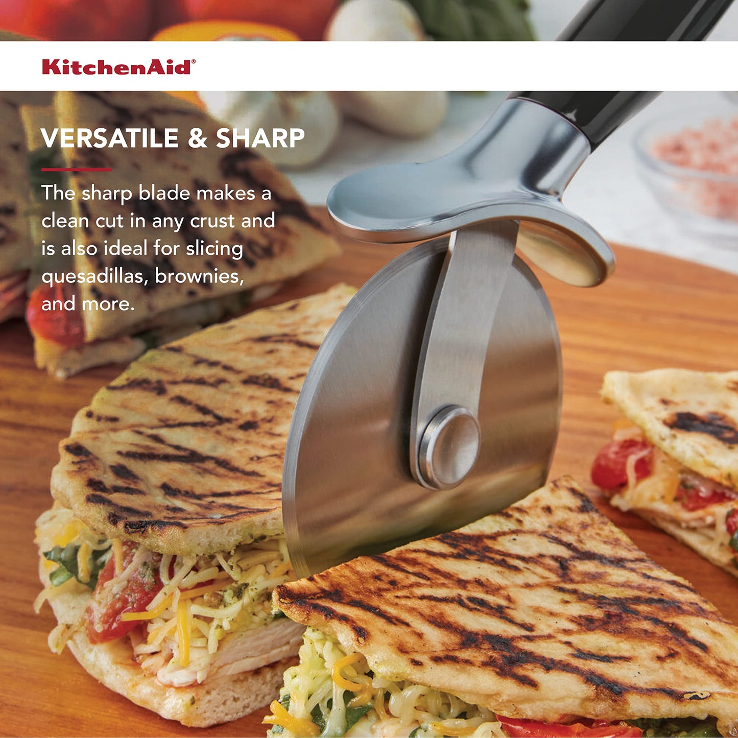 KitchenAid Classic Pizza Wheel, 9-Inch Sharp Blade for Cutting Pizza, Pies & More, Comfort Grip with Finger Guard, Dishwasher Safe, Black