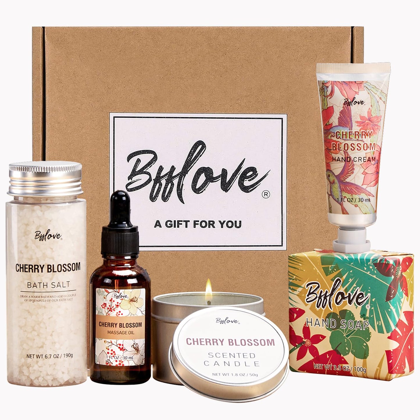 BFFLOVE Gift Set for Women - 5pcs Cherry Blossom Spa Gifts for Women, Birthday, Anniversary, Mother's Day Gifts for Her with Massage Oil, Scented