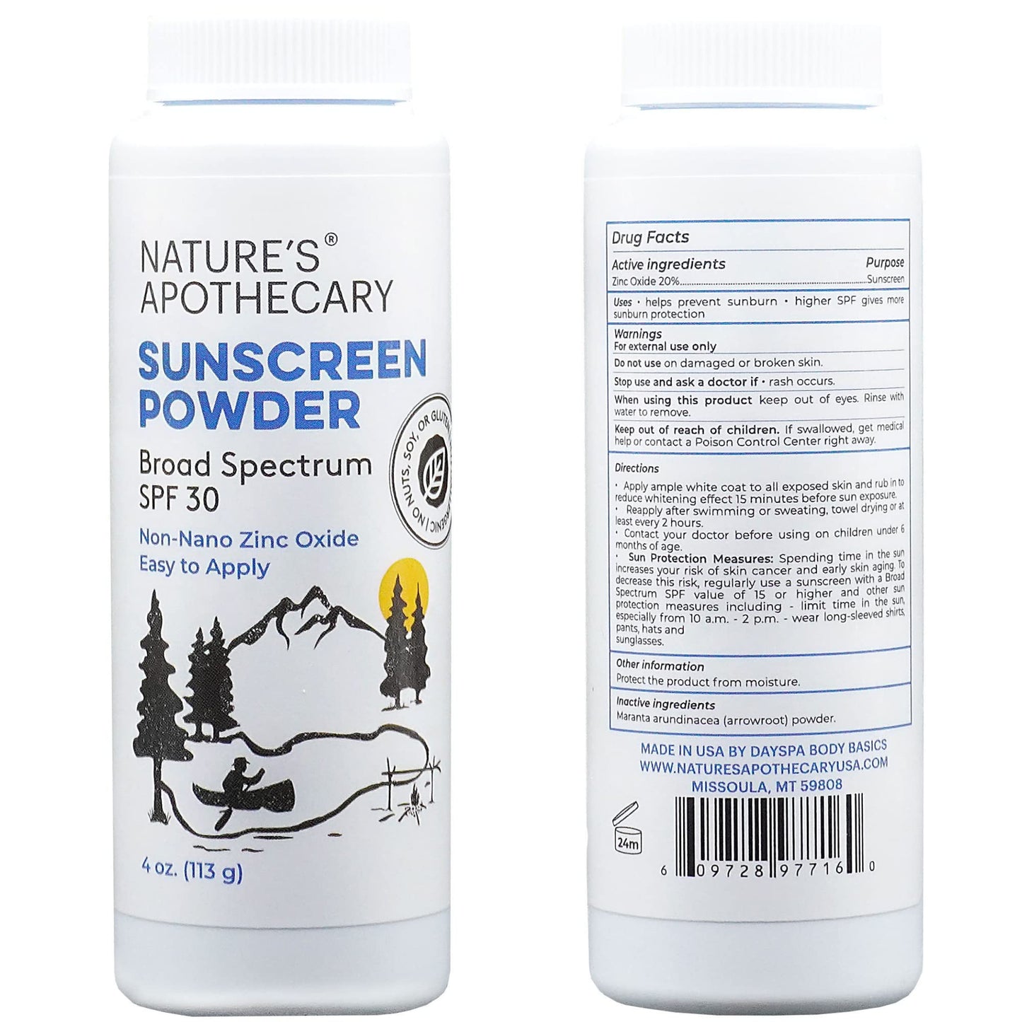 All-Natural, Benzene Free, Non Nano Zinc Oxide Sunscreen Powder SPF 30 - Water & Sweat Resistant, Reef & River Friendly, Hypoallergenic