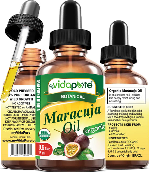 MYVIDAPURE Organic MARACUJA OIL Passion Fruit Certified Organic 100% Natural, Pure WILD GROWTH VIRGIN UNREFINED Brazilian for Skin, Face, Hair, Lip