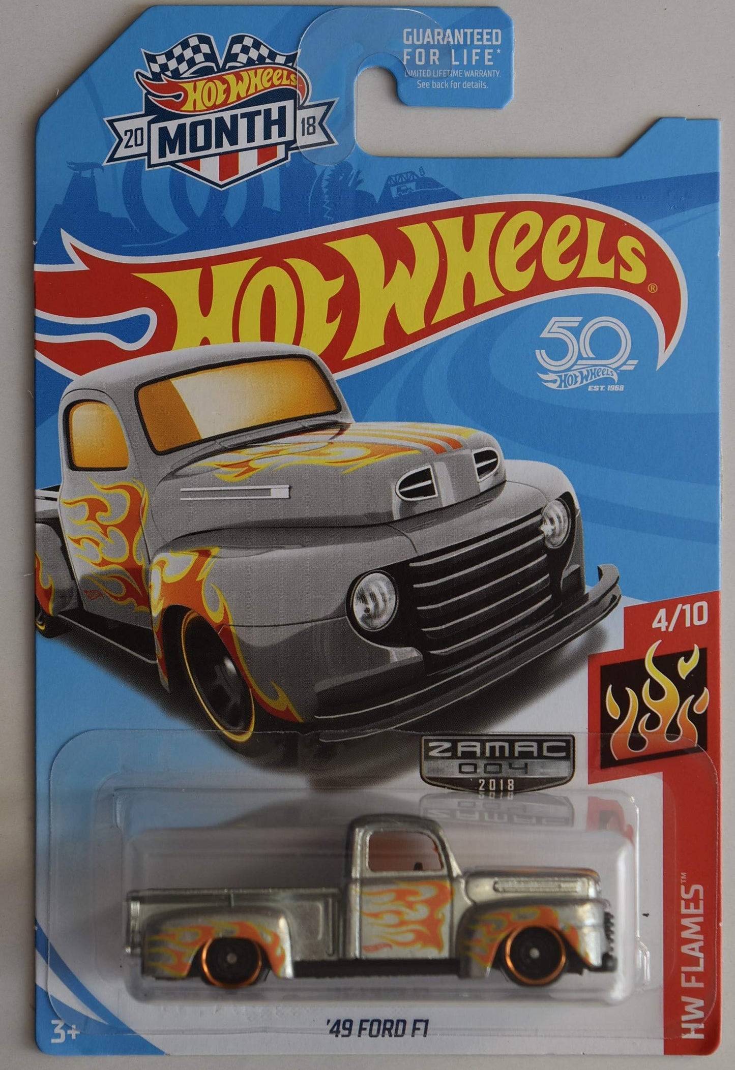 Hot Wheels 1:64 Scale Flames 4/10, ZAMAC '49 Ford F1 50TH Anniversary 2018 Month Card