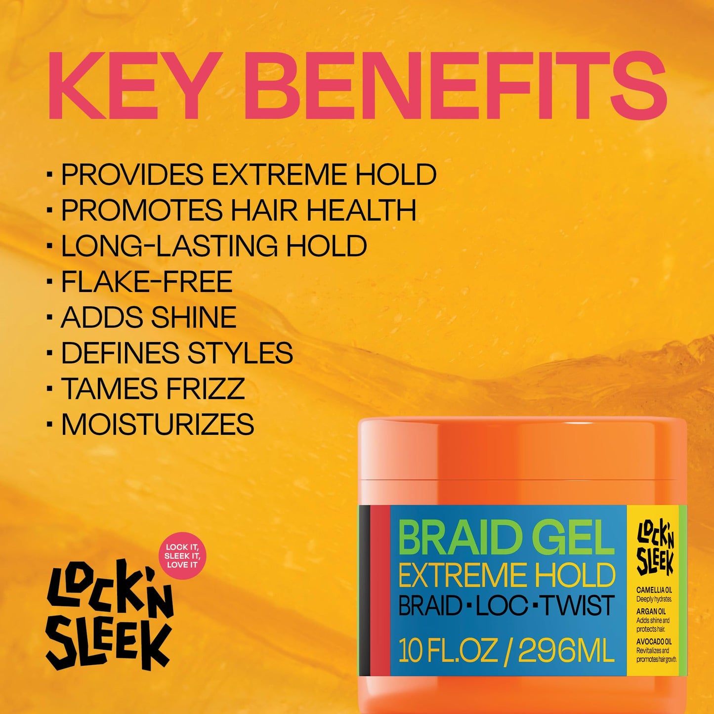 LOCK'N SLEEK Braid Gel (10 oz), Extreme Hold, Flake-Free, High Shine Edge Control - Argan, Camellia, Avocado Oil - For Locks, Braids, Twists, Cornrows