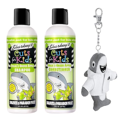 Sharkey's Green Apple Scented Kids Shampoo and Conditioner with Baby Shark Plush Backpack Clip or Lunchbox Clip - Sulfate Free and Paraben Free!