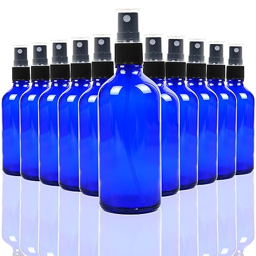 Youngever 10 Pack Empty Blue Glass Spray Bottles, 4 Ounce Refillable Container for Essential Oils, Cleaning Products, or Aromatherapy