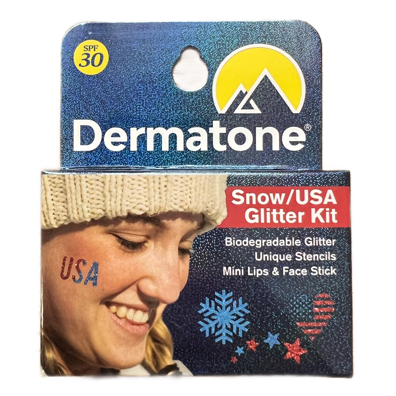 Lips & Face Glitter Kit - Snow/USA Stocking Stuffer - Biodegradbale Glitter - Includes 2 Glitter Colors + Stencil + Skin Balm to Apply - Perfect