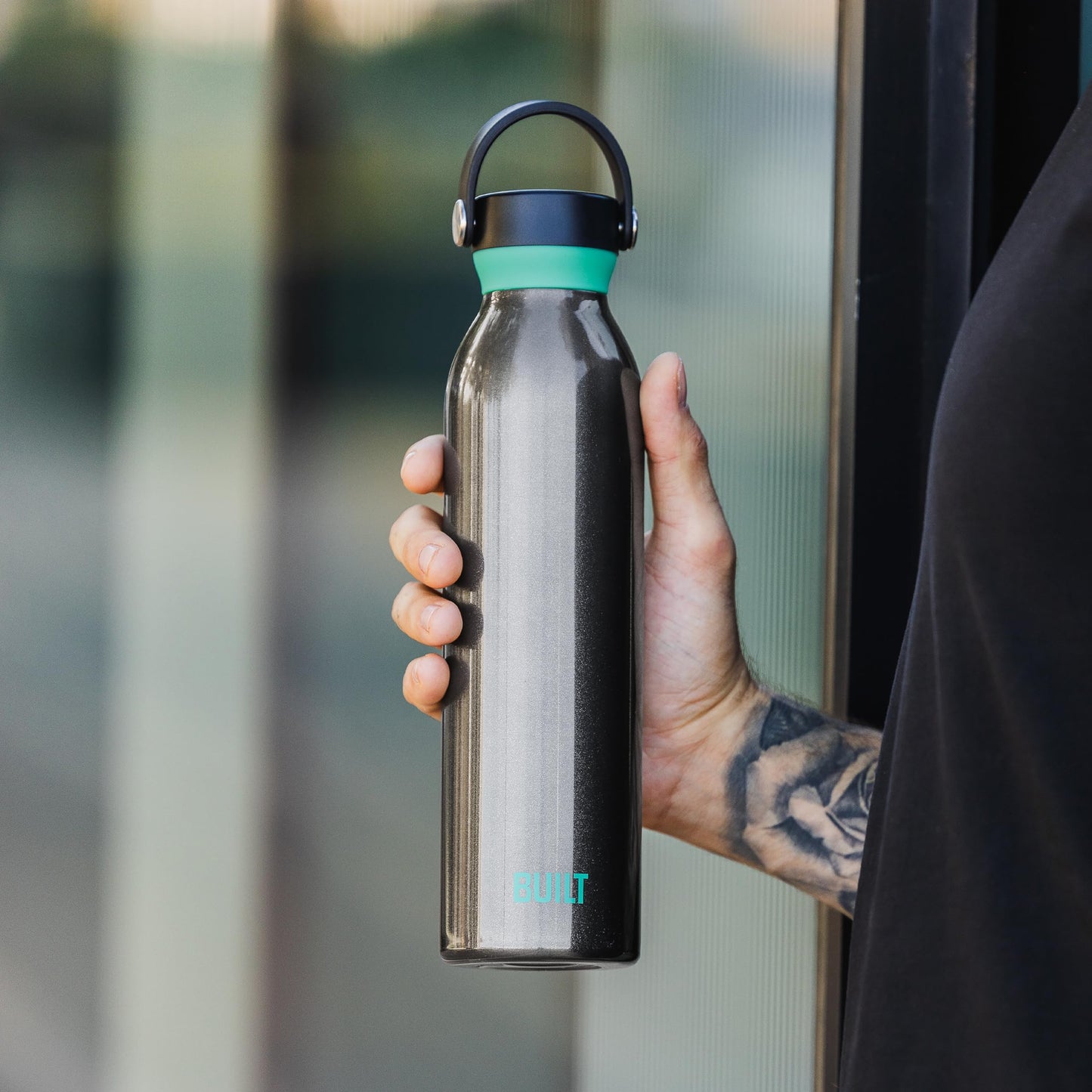 BUILT 24 fl oz Double-Walled Stainless Steel Standard Mouth Cascade Bottle, Threaded Handle Lid Spill-resistant Travel Cup with Rubber Grip Keep