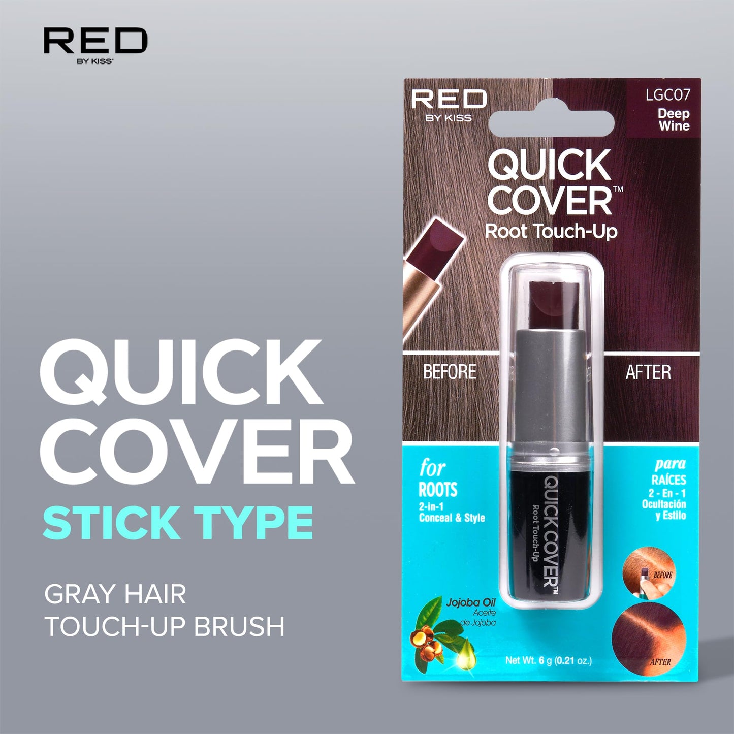 RED by Kiss Quick Cover Root Touch Up Stick, Water-Resistant Temporary Gray Hair Concealer with Brush for Roots and Beard, Long-Lasting Coverage, Easy